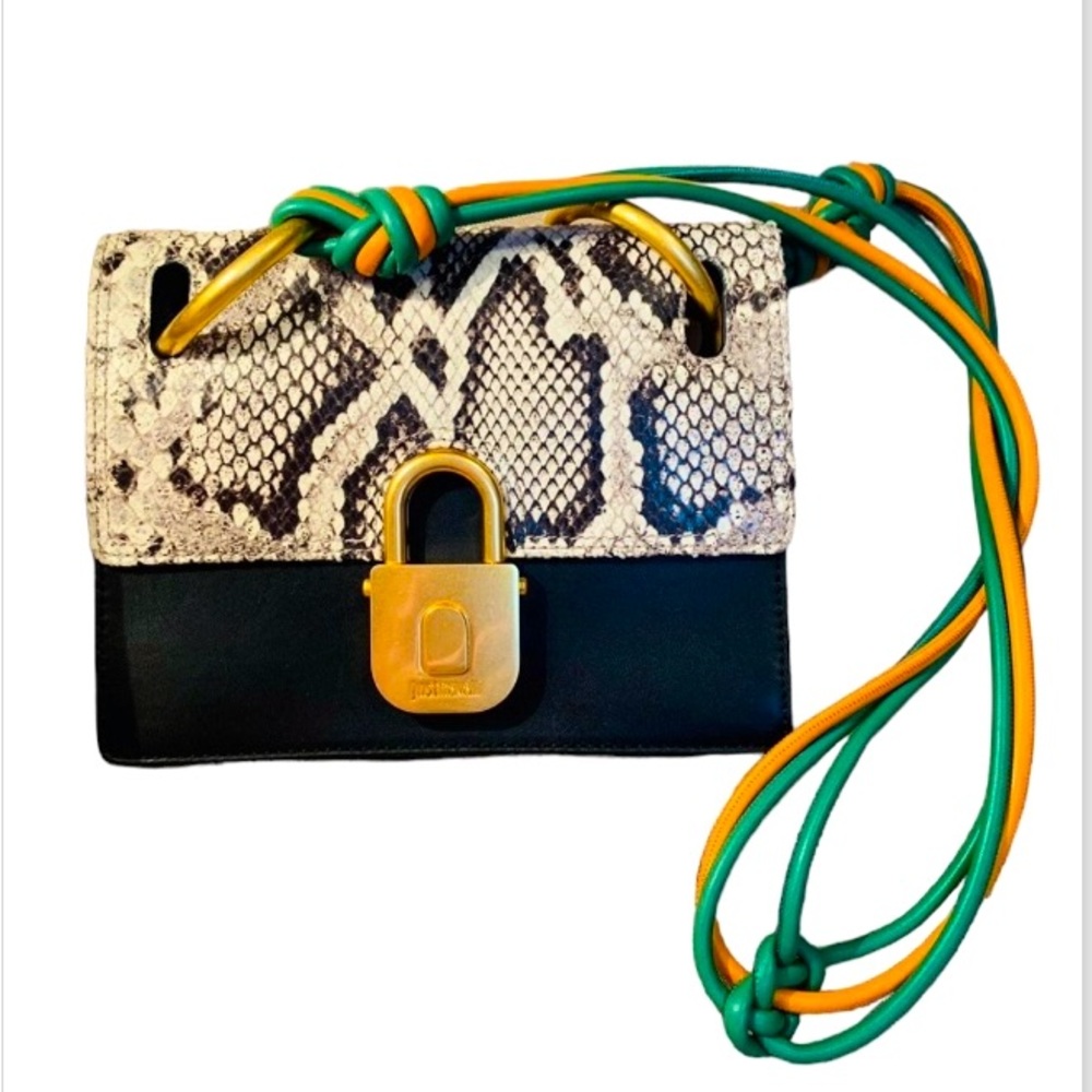 Just Cavalli Authentic Animal print Leather twisted green  handle Crossbody bag